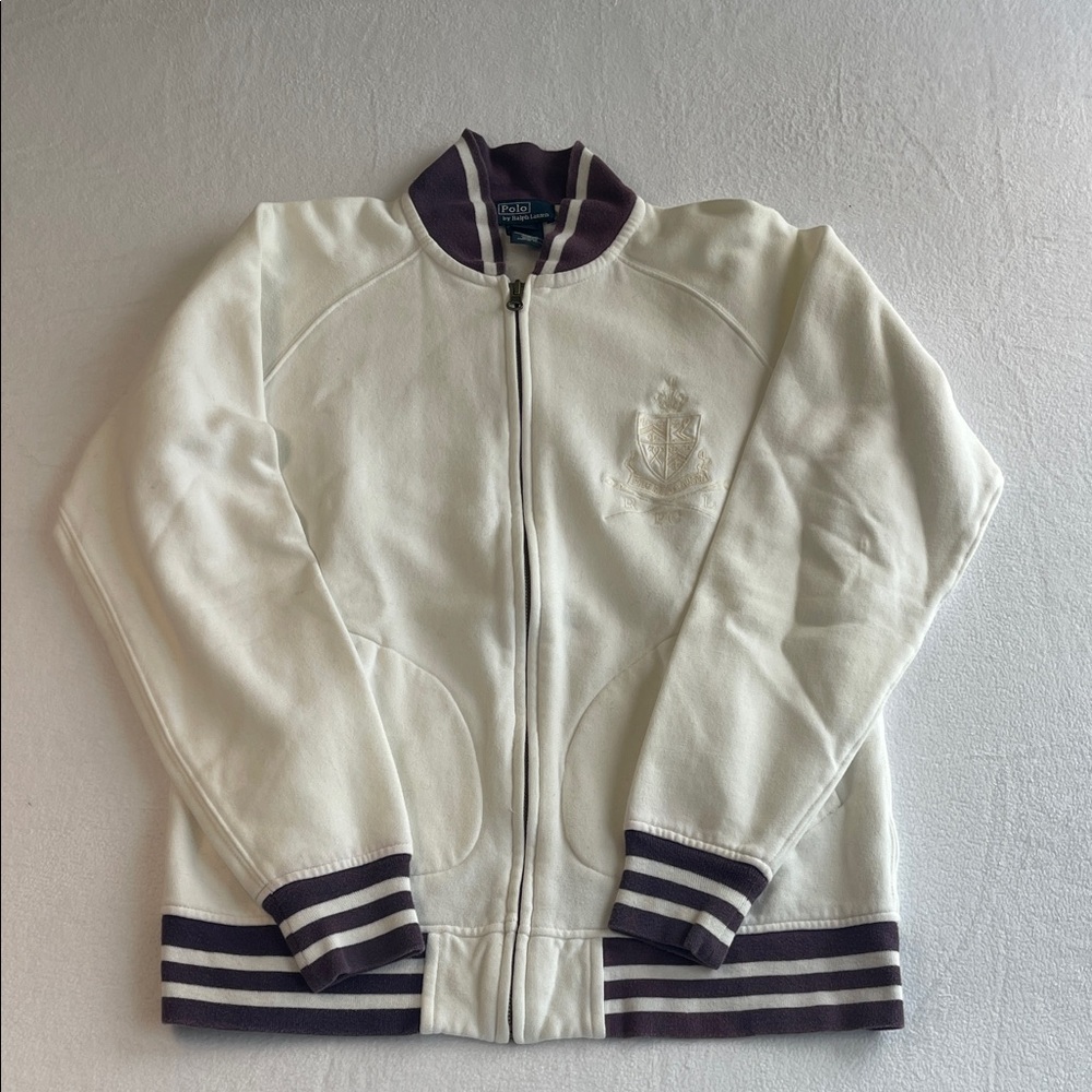 Polo Ralph Lauren White Zip-Up Jacket with Purple/Blue Collar Kids Size 14/16
